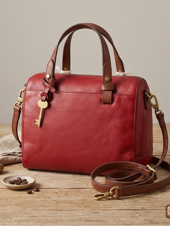 Fossil Handbags - Fossil Red Leather Satchel with Brown Handles, New without tags